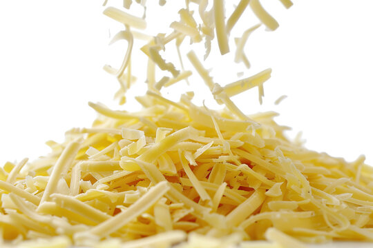  close-up image of shredded yellow cheese falling from above, forming a heap on a white background. The cheese shreds are finely grated and appear fresh and ready to be used in various culinary dishes - Powered by Adobe