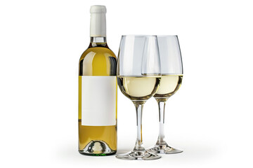 A bottle of white wine with two filled wine glasses, and a cork placed nearby, all set against a clean white background, ideal for wine tasting or dining scenes.