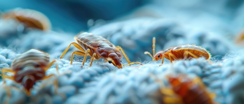 Macro image of bed bugs on a mattress, focusing on their movement and detailed interactions