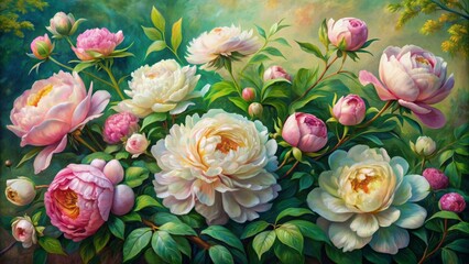 Exquisitely Detailed Painting Of A Bountiful Peony Garden In Full Bloom.