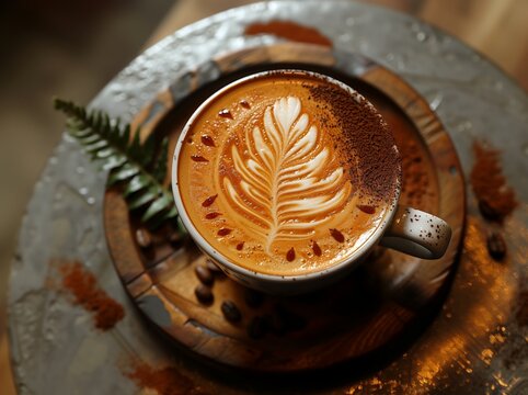Latte Art with Fern Leaf Design. Latte with intricate fern leaf design served on a rustic tray, surrounded by coffee beans and cozy ambiance.