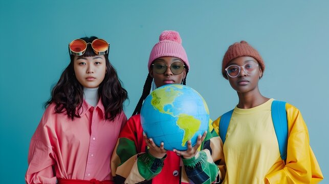 Diverse Friends Holding the Planet in Neo Pop Styled Commercial TV Aesthetic with Minimalist Pastel Background
