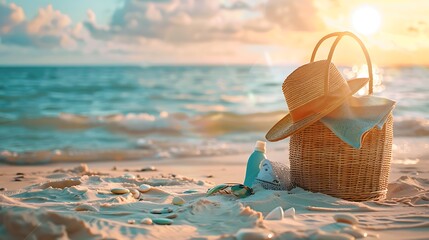 a beach bag with hat sunscreen lotion and sunglasses on sand beach with sunset above the sea in background