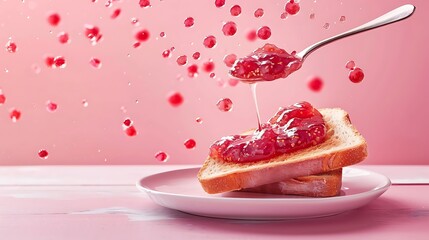 a dish of toast spread with jam and a levitating spoon against a pastel pink background