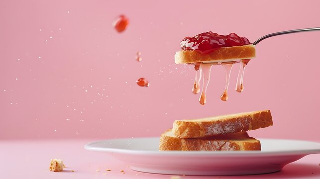 a dish of toast spread with jam and a levitating spoon against a pastel pink background