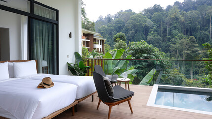 Obraz premium Accommodation at hotel resort by lush jungle for healing vacation