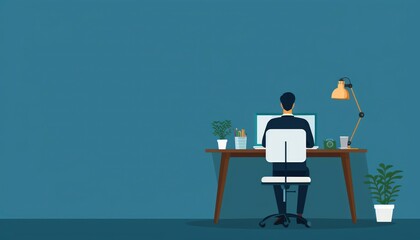 of a person working at a desk with a computer, plants, and a lamp, set against a blue wall. Home office or remote work concept.