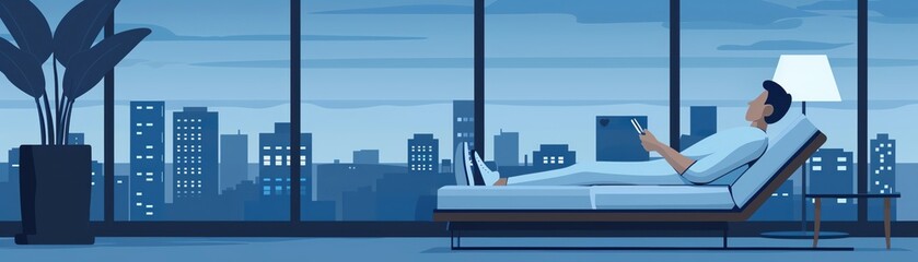 Naklejka premium Man relaxing on a lounge chair, using a digital device, in a modern city apartment with large windows and plants, in blue tones.