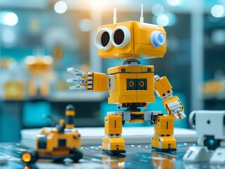 Fototapeta premium Yellow toy robot with large eyes and outstretched arm, standing on a table.
