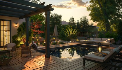 Obraz premium Luxury Living Outdoor Space Interior design of a lavish side outside garden at morning. Generative AI. Digital Art Illustration