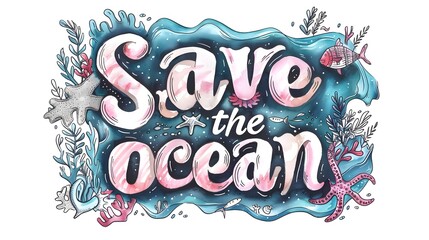Fototapeta premium Vibrant Underwater Typography Design Save the Ocean on Lush Marine Backdrop