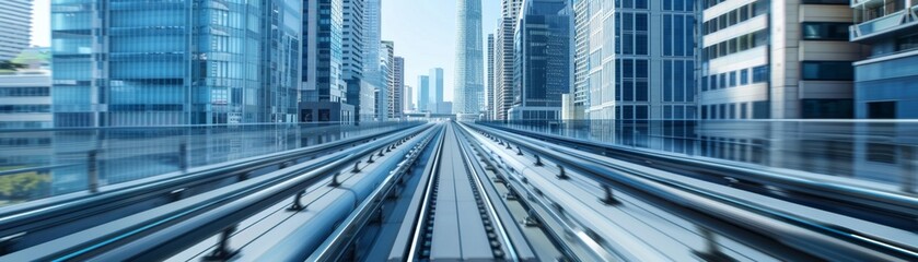 Fototapeta premium Futuristic Autonomous Rail Networks Connecting Skyscrapers with Smart Station Hubs in Modern Digital Cityscape