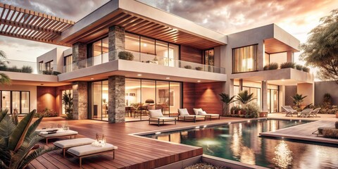 Obraz premium A large house with a pool and a patio