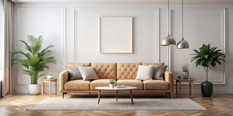 A living room with a couch, a coffee table, and a potted plant