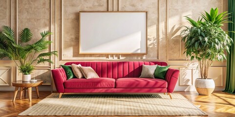 A red couch sits in front of a white framed picture