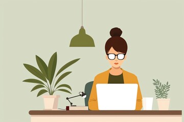 Fototapeta premium of a woman working on a laptop in a cozy home office setting with plants and modern decor, perfect for remote work themes.