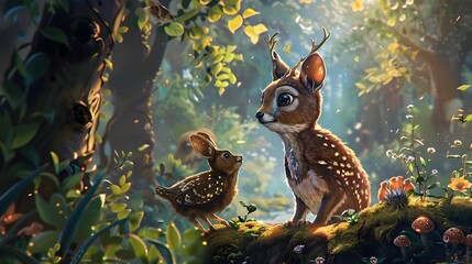 Fototapeta premium Adorable Baby Deer Peeking out from Lush Forest Foliage