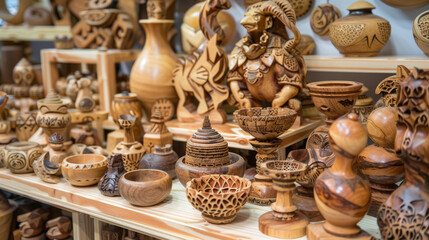 A variety of finished wooden crafts displayed prominently, such as intricate carvings, furniture pieces, bowls, utensils, toys, and decorative items. Showcase the detail and artistry in each piece. 