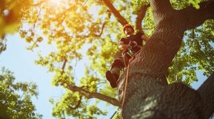Low angle camera of professional engineer climbing a large tree wearing safety gear and safety helmet. Skilled arborist working and measuring tree while holding the safety rope. Environmental. AIG42.