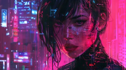 Captivating Portrait of a Mysterious Woman Amidst Neon Lit Urban Landscape