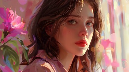 Captivating Portrait of Alluring Young Woman with Soft Floral Backdrop