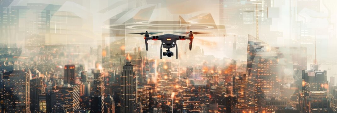 Double exposure of a drone flying over a city, combining technological innovation with urban exploration