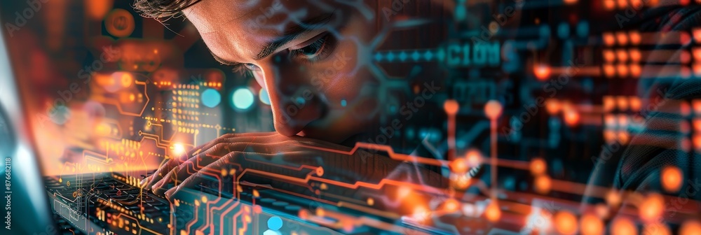 Aufkleber double exposure of a person working on a laptop with circuit board patterns, illustrating the synerg