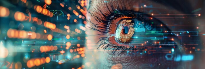 Double exposure of a person's eye with digital interface elements, representing the future of augmented reality and human-computer interaction