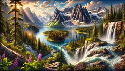 The Majestic Mountain Lake in The Spring
The image depicts a breathtaking mountain lake scene in spring. Towering snow-capped peaks surround a serene lake, with lush green islands dotting the water.