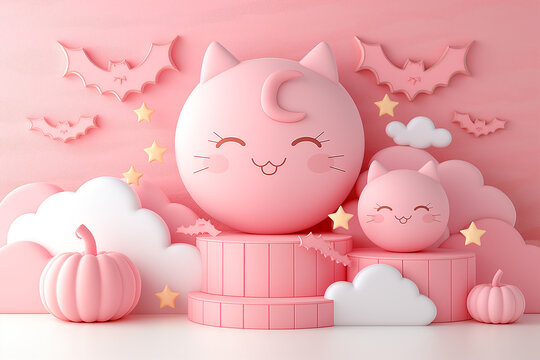 A pink cat is smiling and surrounded by pumpkins and bats