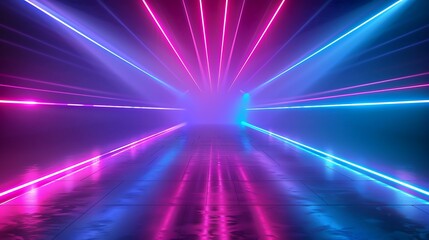 Obraz premium Blue and ultraviolet neon laser lines with reflection Abstract rays technology retro background