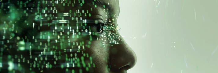 Human face overlaid with binary code in double exposure, symbolizing the deep connection between identity and digital technology