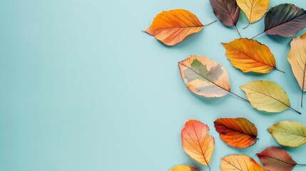Obraz premium autumn fallen leaves on pastel background with copy space center