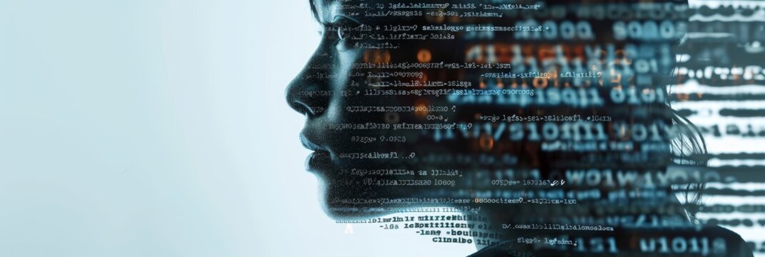 Human face overlaid with binary code in double exposure, symbolizing the deep connection between identity and digital technology