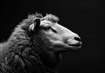 Naklejka premium Lone sheep standing in tranquil solitude against dramatic black background, symbolizing peace and serenity