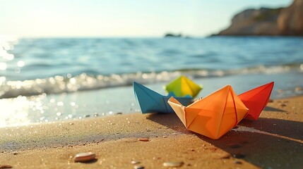 Bright paper boats on sandy beach near sea