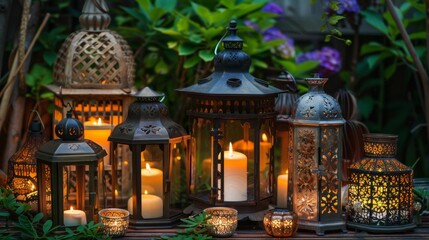 An array of decorative lanterns with candles