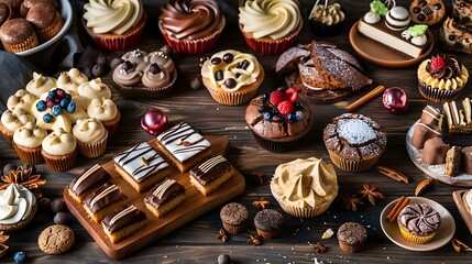 Brown wooden table with various cookies tarts cakes cupcakes and cakepops