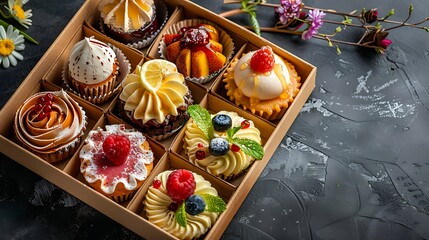 Cardboard box full of delicious french seasonal spring desserts on dark background