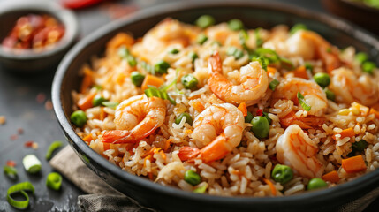 Delicious shrimp fried rice with vegetables served in a bowl, highlighting Asian cuisine and vibrant flavors.