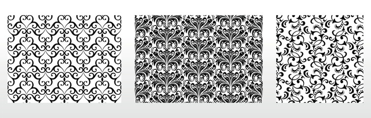 Geometric floral set of seamless patterns. White and black vector backgrounds. Damask graphic ornaments.