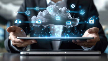 Business people using laptops, cloud storage concept