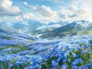 Fototapeta premium Panoramic view of a picturesque spring landscape adorned with numerous Nemophila blooms, creating a stunning blue and green contrast under the soft sunlight