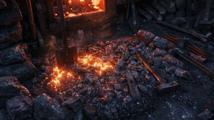 Elements of the forging process, including the forge with glowing coals, tongs, hammers, and anvils. Show the transformation of raw iron into crafted items. 