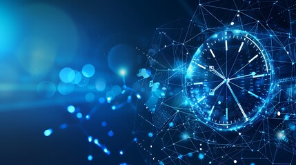 Clock form lines and triangles point connecting network on blue background