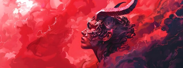 Fototapeta premium Demonic Character Enveloped in Intense Crimson Smoke and Energy