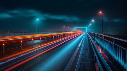 Obraz premium Night view of a brightly lit highway bridge with light trails. Concept of urban life, transportation, and nightscape.