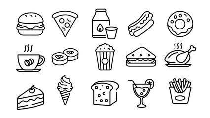 Fast food and drink related line icon set. Street food linear icons. Burger, hotdog and sandwich outline vector signs and symbols collection.