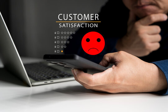 Customer Experience dissatisfied Concept, Unhappy Businessman Client with Sadness Emotion Face on virtual screen.