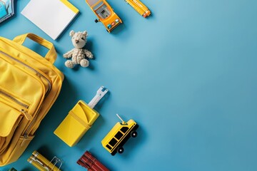 Obraz premium School setup on a blue background with a flat lay of a yellow backpack and bus toy, space for text included,